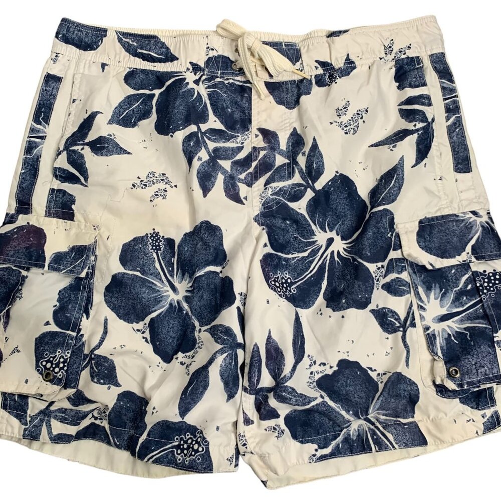 Vintage 90s Mossimo Board Shorts Swim Trunks L White Floral Pockets Drawstring